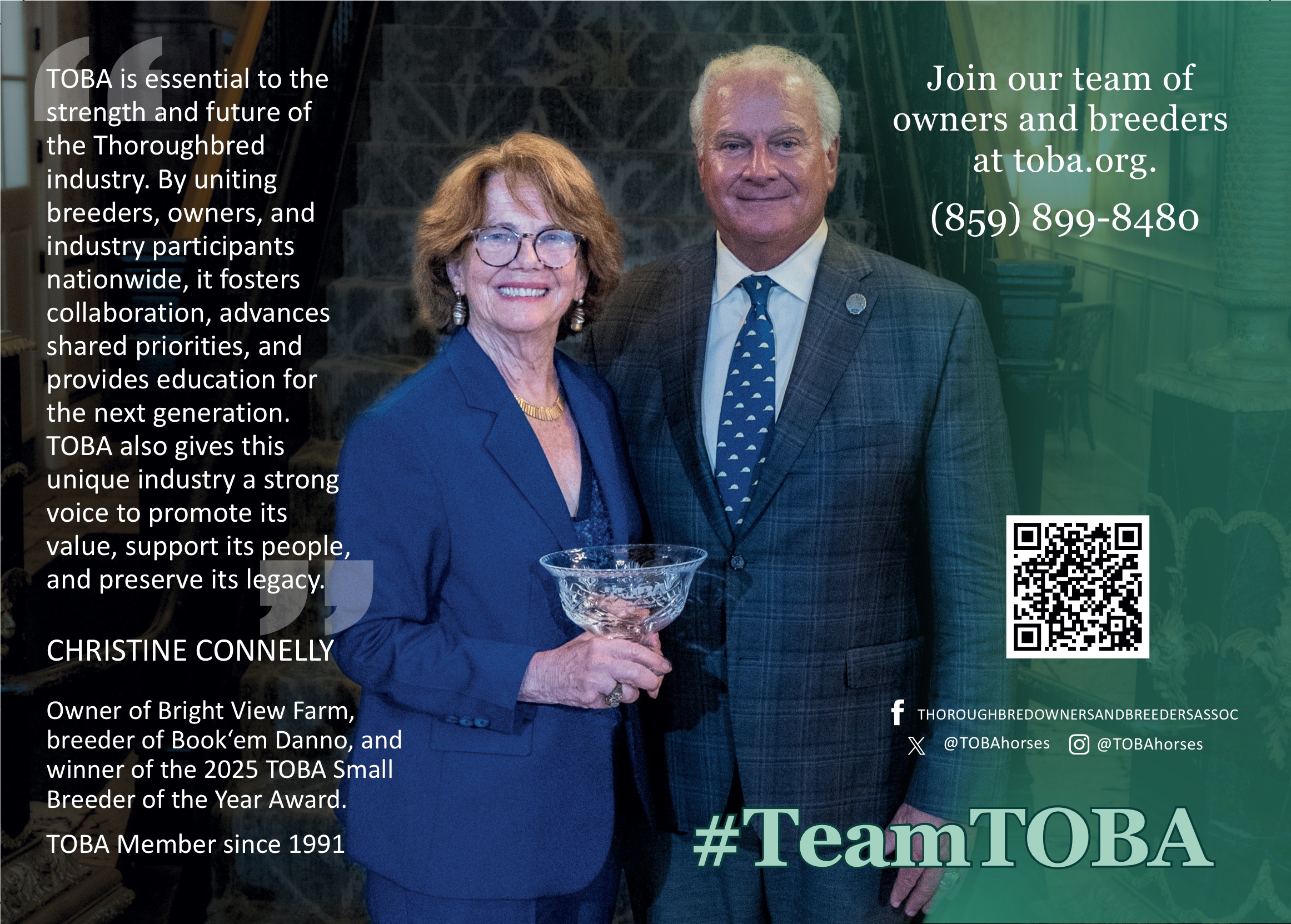 Christine Connelly accepting the 2025 TOBA Small Breeder of the Year Award, from a #TeamTOBA ad